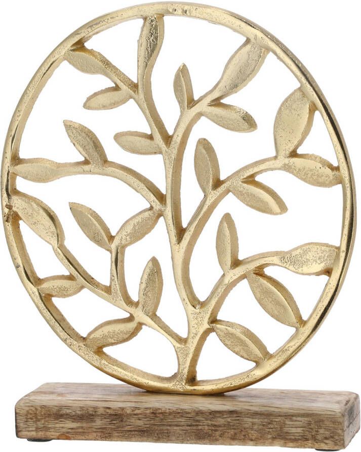 Cepewa Decoratie levensboom rond van aluminium op houten voet 25 cm goud Tree of life Beeldjes