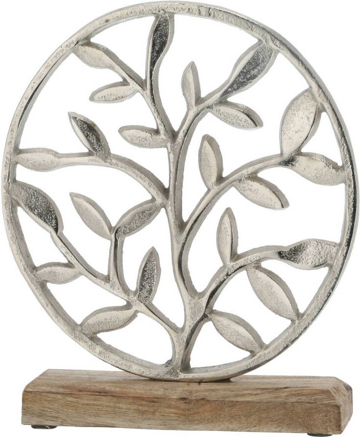 Cepewa Decoratie levensboom rond van aluminium op houten voet 25 cm zilver Beeldjes