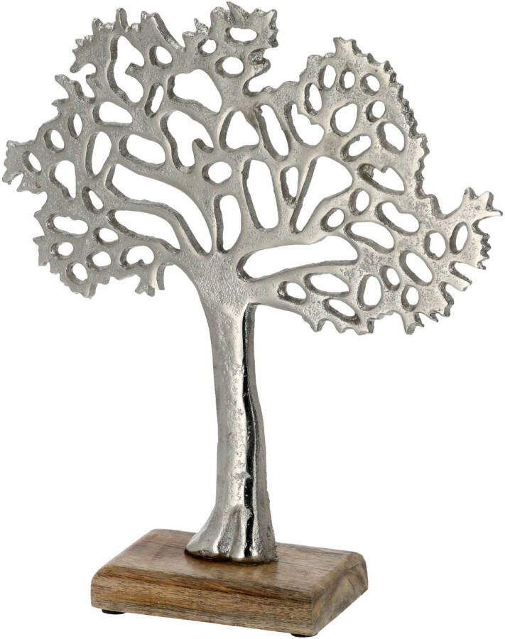 Cepewa Decoratie levensboom van aluminium op houten voet 25 cm zilver Tree of life Beeldjes