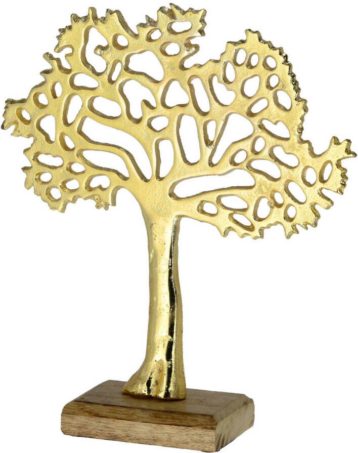 Cepewa Decoratie levensboom van aluminium op houten voet 30 cm goud Beeldjes