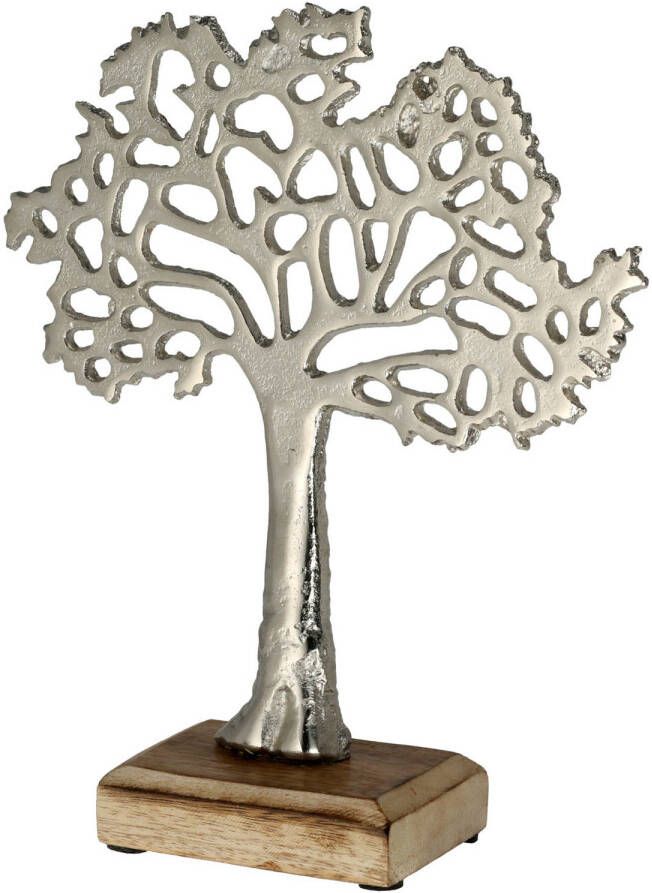 Cepewa Decoratie levensboom van aluminium op houten voet 30 cm zilver Tree of life Beeldjes
