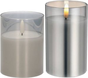 Cepewa Set van 2x luxe led kaarsen in grijs glas 10 en 12.5 cm met timer op batterijen LED kaarsen