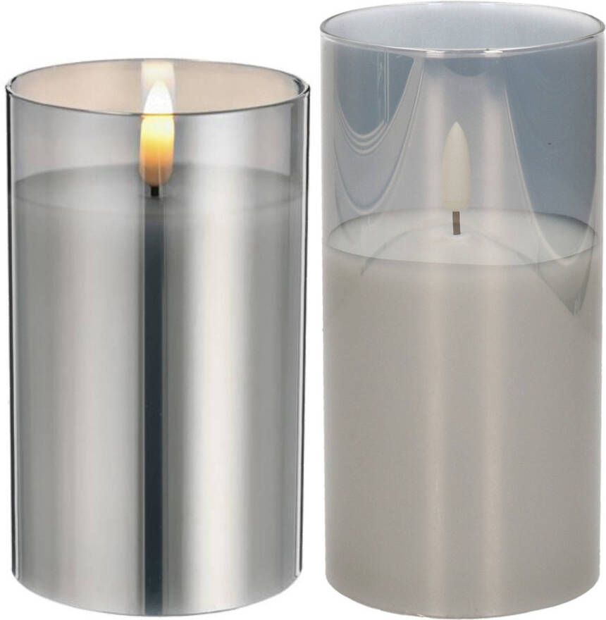 Cepewa Set van 2x luxe led kaarsen in grijs glas 12.5 en 15 cm met timer op batterijen LED kaarsen
