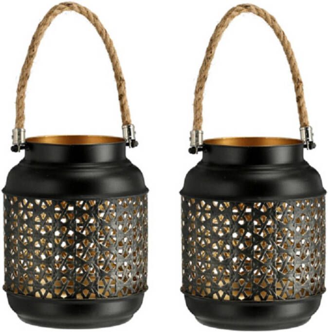 Cepewa Set van 2x stuks metalen kaarsenhouders lantaarns zwart goud 18 cm Lantaarns