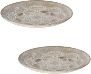 Cepewa Set van 2x stuks rond kaarsenbord kaarsenplateau whitewash hout met motief 29 cm Onderborden voor kaarsen op tafel Kaarsenplateaus