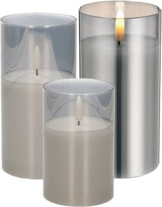 Cepewa Set van 3x luxe led kaarsen in grijs glas 10-12.5-15 cm met timer op batterijen LED kaarsen