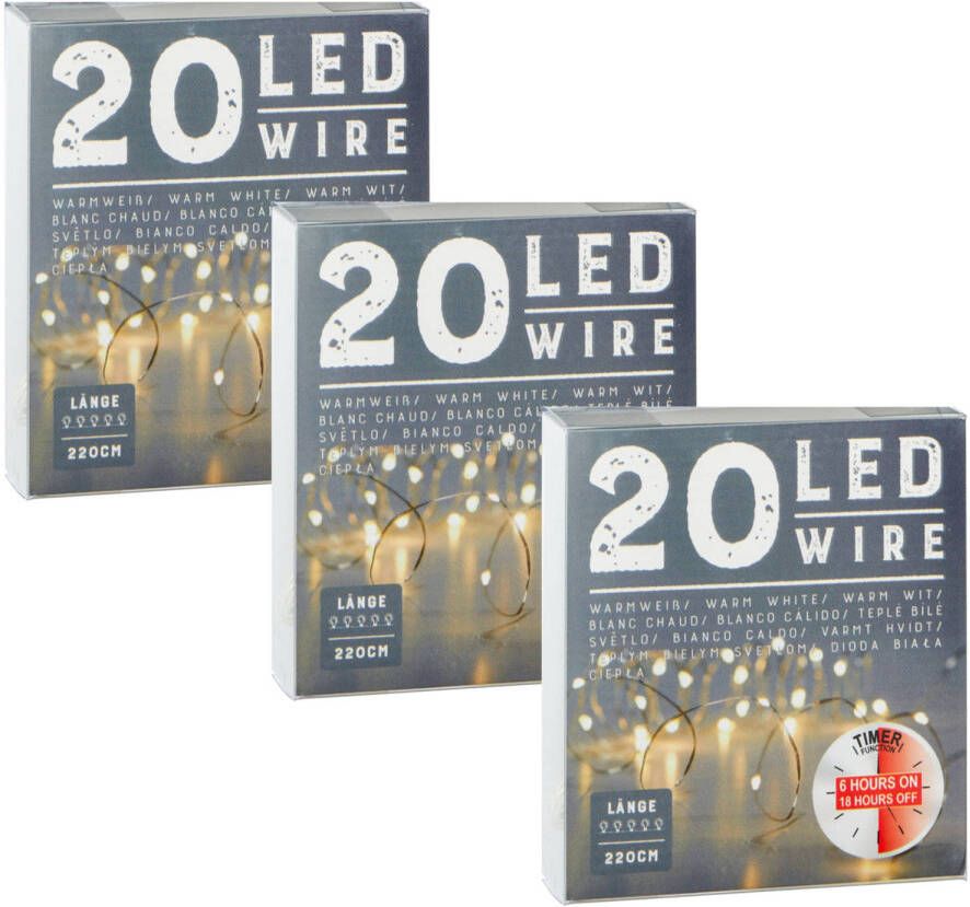 Cepewa set van 3x stuks draadverlichting lichtsnoer met 20 lampjes warm wit op batterij 220 cm met t Lichtsnoeren