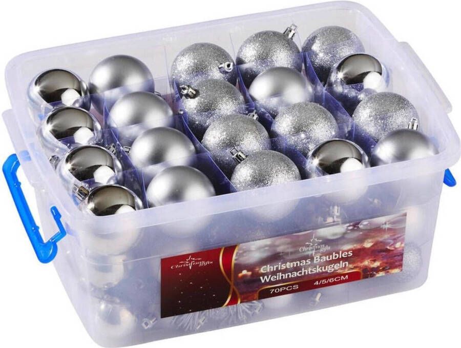 Christmas Gifts Kerstballen Set In Opbergbox 70 Stuks Plastic Ø4 5 6 Cm Mat Glanzend Glitter Zilver