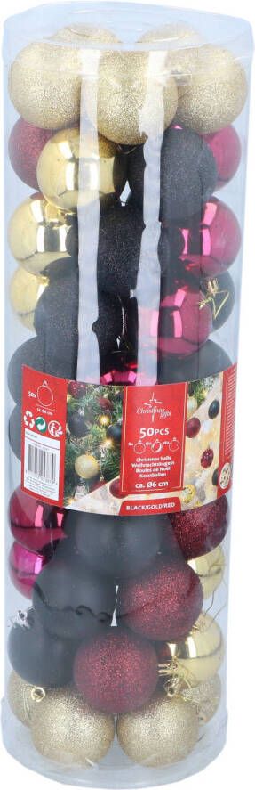 Christmas Gifts Kerstballen Set Zwart Goud Rood 50 Stuks Kunststof Kerstballen Kerstversiering