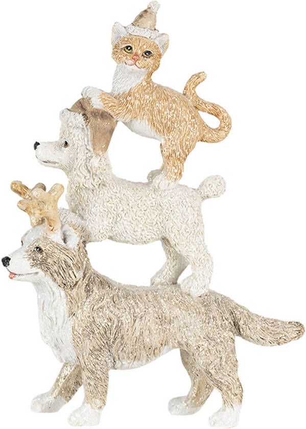 Clayre & Eef Beeld Kat En Hond 12x4x17 Cm Grijs Beige Kunststof Dieren Kerstdecoratie Beeld Decoratie Decoratieve