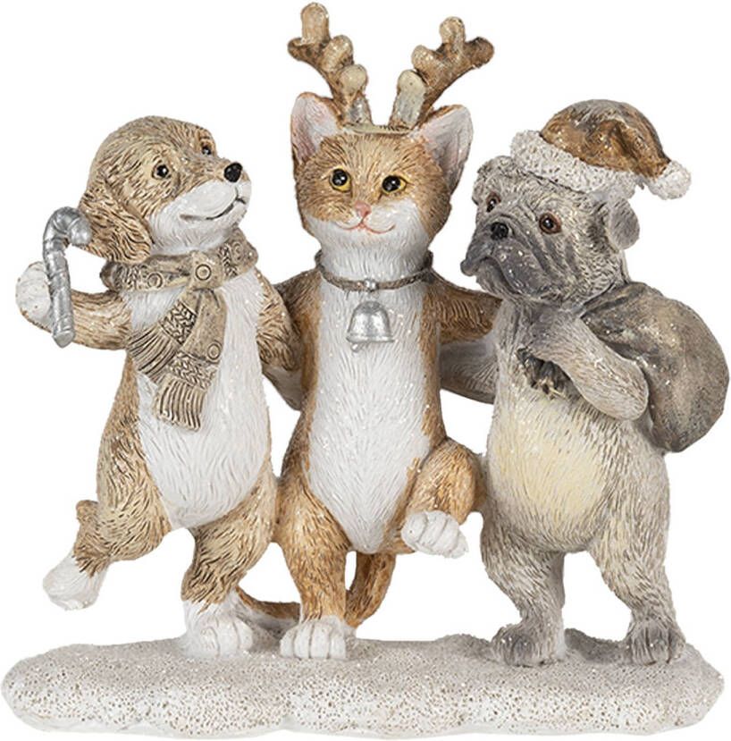 Clayre & Eef Beeld Kat En Hond 13x5x12 Cm Grijs Beige Kunststof Dieren Kerstdecoratie Beeld Decoratie Decoratieve