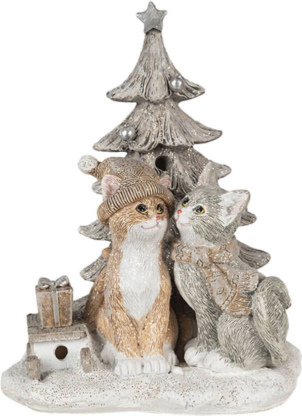 Clayre & Eef Beeld Katten 12x10x16 cm LED Grijs Beige Kunststof Kerstdecoratie beeld decoratie Decoratieve