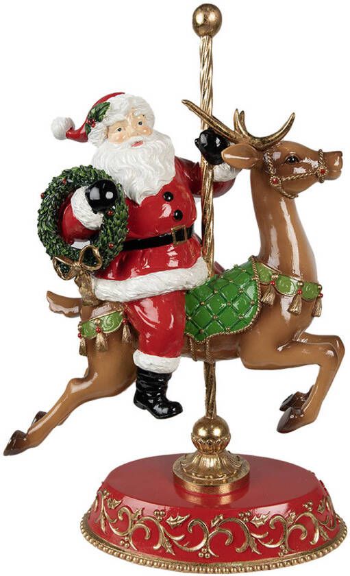 Clayre & Eef Beeld Kerstman Rendier 46 cm Rood Polyresin Kerstdecoratie Rood Kerstdecoratie