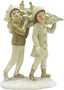Clayre & Eef Beeld Kinderen 15 Cm Beige Goudkleurig Kunststof Woonaccessoires Beeld Decoratie Decoratieve Accessoires
