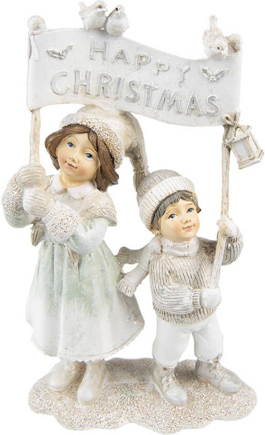 Clayre & Eef Beeld Kinderen 23 Cm Beige Kunststof Happy Christmas Kerstdecoratie Beeld Decoratie Decoratieve