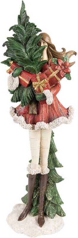 Clayre & Eef Beeld Meisje 17x13x49 cm Rood Polyresin Kerstdecoratie Rood Kerstdecoratie
