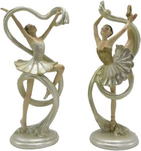Clayre & Eef Beeld Set Van 2 Ballerina 18 Cm Beige Goudkleurig Kunststof Decoratief Figuur Decoratieve Accessoires