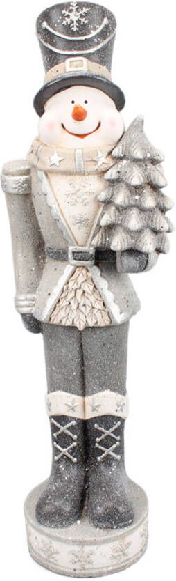 Clayre & Eef Beeld Sneeuwpop 82 cm Zilverkleurig Polyresin Kerstdecoratie Zilverkleurig Kerstdecoratie