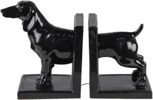 Clayre & Eef Boekensteunen Set van 2 Hond 25x9x15 cm Zwart Kunststof Boekenhouders Zwart Boekenhouders