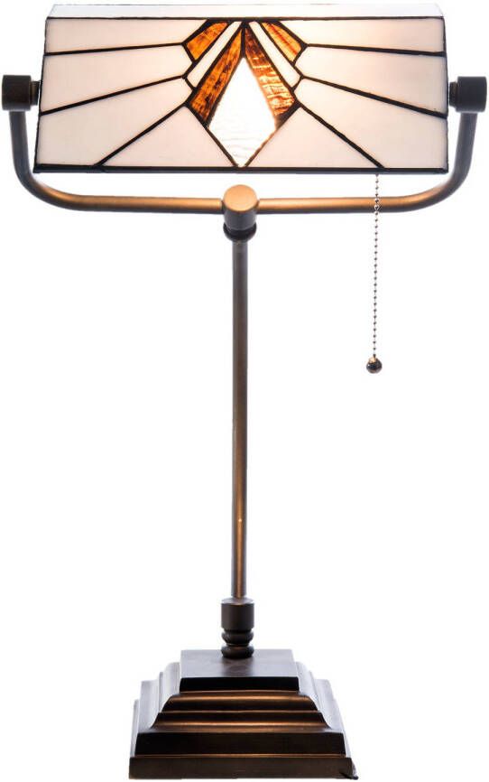 Clayre & Eef bureaulamp tiffany 32x27x51 cm e27 max.1x 60 watt bruin oranje wit glas metaal