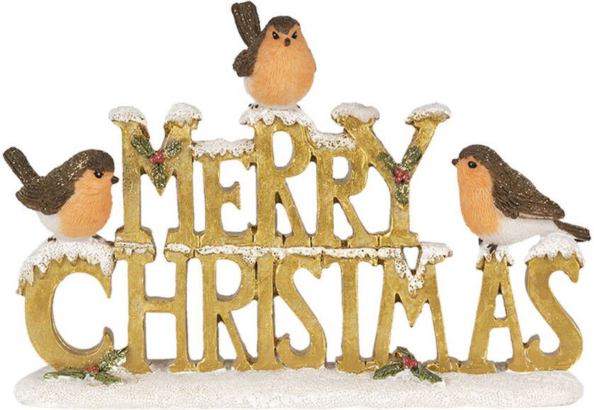 Clayre & Eef Beeld Vogel 13 cm Goudkleurig Wit Polyresin Merry Christmas Kerstdecoratie Goudkleurig Kerstdecoratie