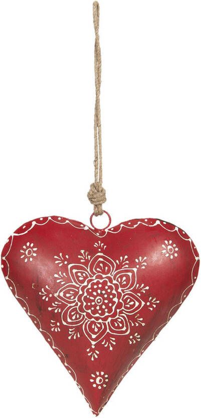 Clayre & Eef Decoratie Hanger 21*6*21 cm Rood Ijzer Hartvormig Kersthanger Kerstboomversiering Rood Kersthanger