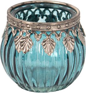 Clayre & Eef Glazen Theelichthouder Ø 6*5 Cm Blauw Glas Metaal Rond Waxinelichthouder Windlichthouder Blauw