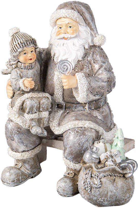 Clayre & Eef Grijze Decoratie kerstman met kind 15*10*16 cm 6PR3473