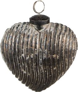 Clayre & Eef Kerstbal 7x4x8 Cm Grijs Glas Hartvormig Kerstdecoratie Kerstversiering Kerstboomversiering Grijs