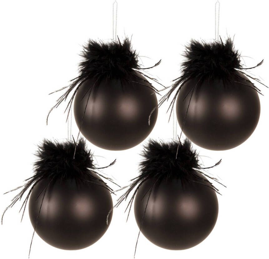 Clayre & Eef Kerstbal Set van 4 Ø 10 cm Zwart Glas Kerstboomversiering Zwart Kerstboomversiering