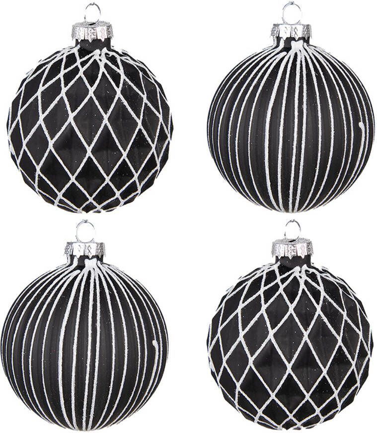 Clayre & Eef Kerstbal Set van 4 Ø 8 cm Zwart Wit Glas Kerstdecoratie Zwart Kerstdecoratie