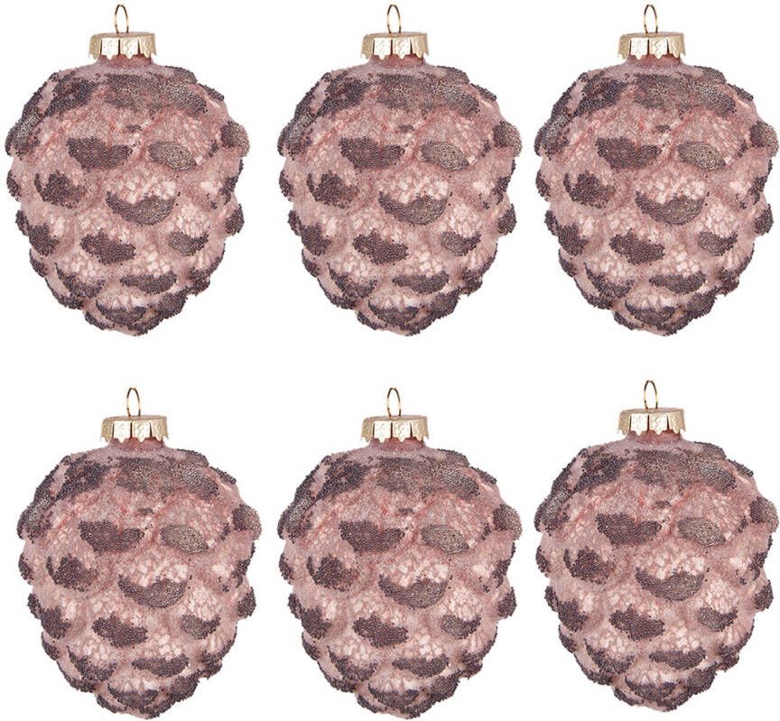 Clayre & Eef Kerstbal Set van 6 Dennenappel Ø 8 cm Roze Glas Kerstdecoratie Roze Kerstdecoratie