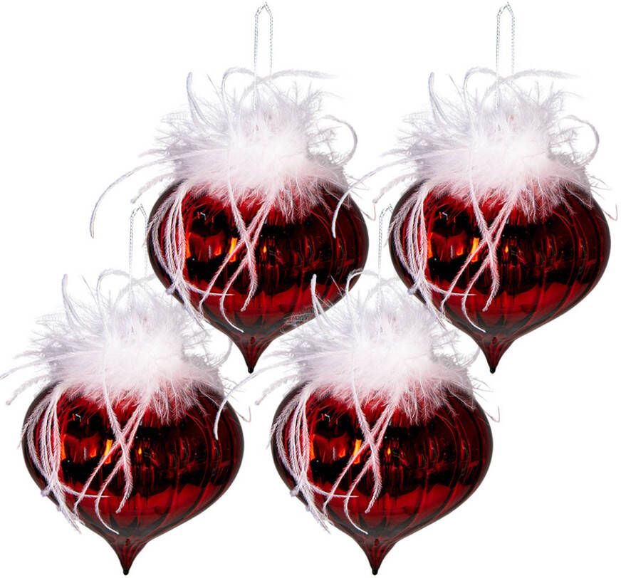 Clayre & Eef Kerstballen Set Van 4 Ø 10 Cm Rood Wit Glas Kerstboomversiering Kerstversiering Kerstdecoratie Rood