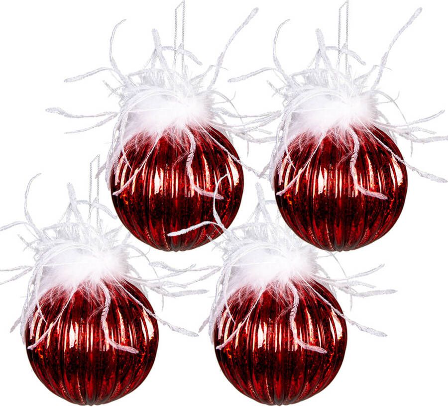 Clayre & Eef Kerstballen Set Van 4 Ø 10 Cm Rood Wit Glas Kerstdecoratie Kerstversiering Kerstboomversiering Rood
