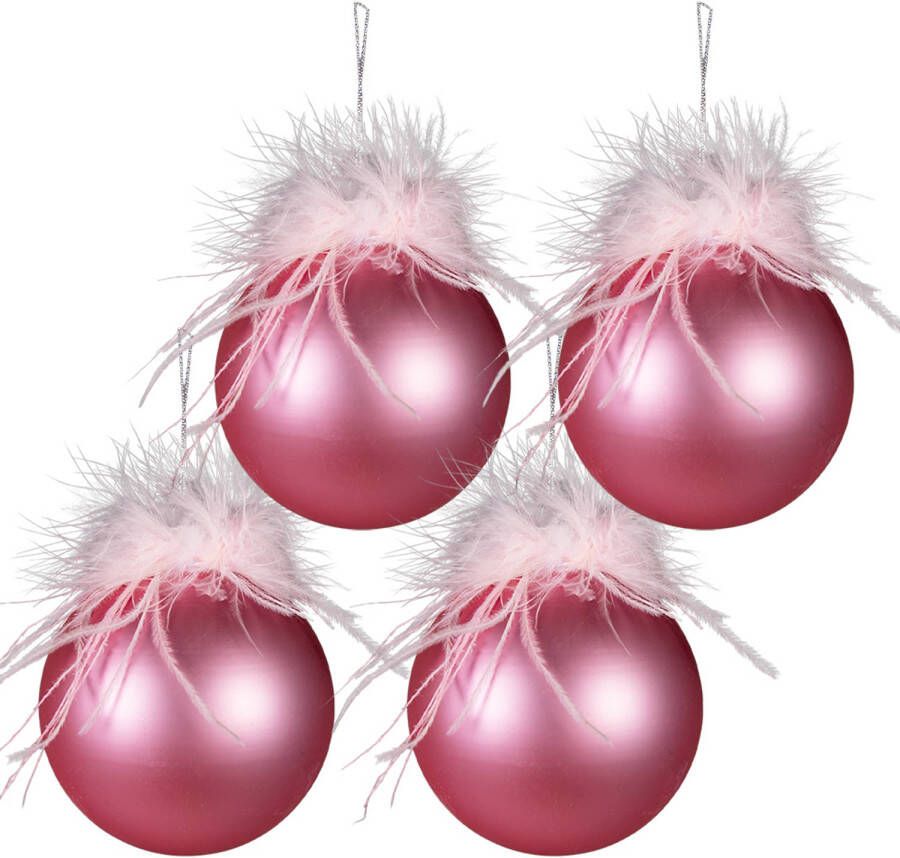 Clayre & Eef Kerstballen Set Van 4 Ø 10 Cm Roze Glas Kerstboomversiering Kerstversiering Kerstdecoratie Roze