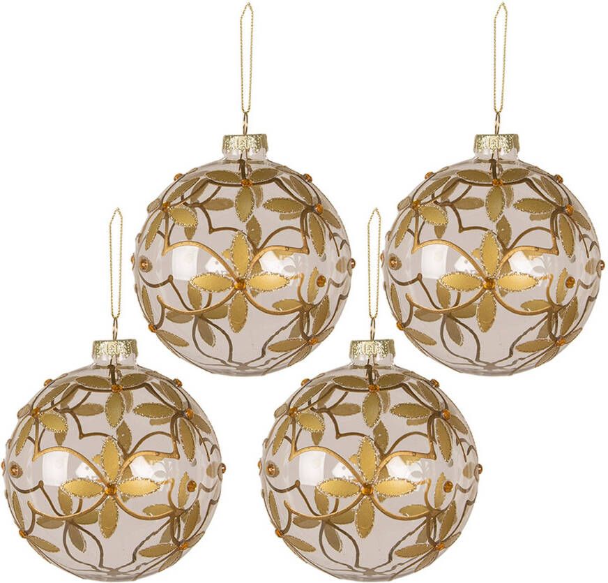 Clayre & Eef Kerstballen Set Van 4 Ø 10 Cm Transparant Glas Bloemen Kerstboomversiering Kerstversiering Kerstdecoratie