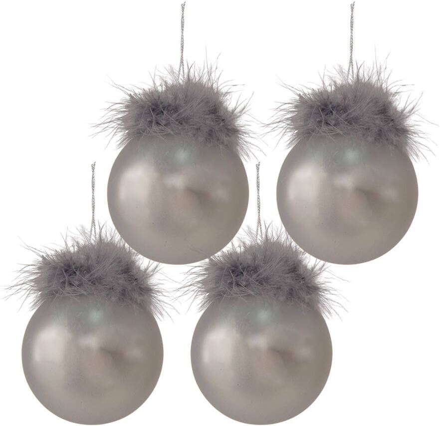 Clayre & Eef Kerstballen Set Van 4 Ø 8 Cm Zilverkleurig Wit Glas Kerstboomversiering Kerstversiering Kerstdecoratie