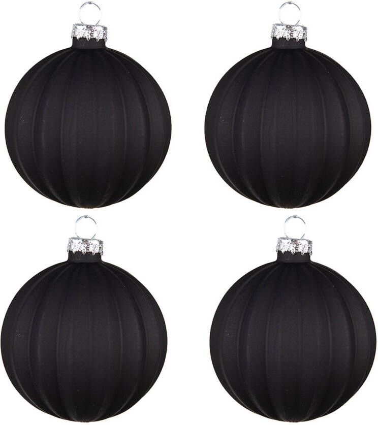 Clayre & Eef Kerstballen Set Van 4 Ø 8 Cm Zwart Glas Kerstdecoratie Kerstversiering Kerstboomversiering Zwart