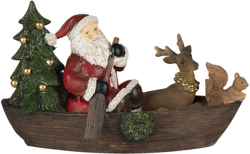 Clayre & Eef Kerstdecoratie Beeld Kerstman 22*10*13 cm Bruin Groen Kunststof Decoratief Figuur Decoratieve Accessoires
