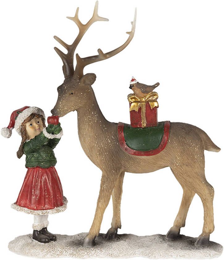Clayre & Eef Kerstdecoratie Beeld Kind 19*7*21 cm Bruin groen Kunststof Decoratief Figuur Decoratieve Accessoires