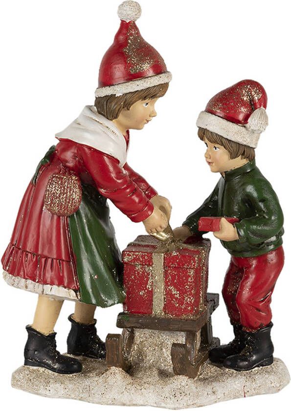 Clayre & Eef Kerstdecoratie Beeld Kinderen 15*10*20 cm Rood Groen Kunststof Decoratief Figuur Decoratieve Accessoires