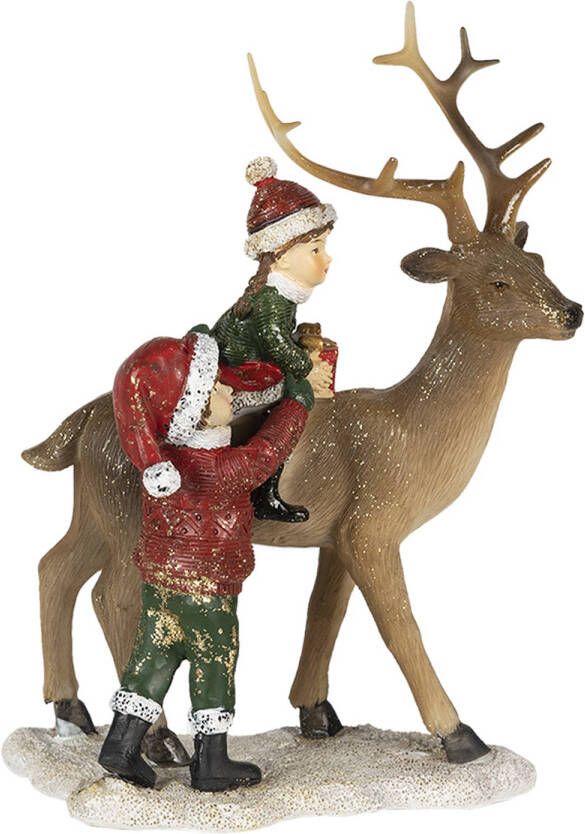 Clayre & Eef Kerstdecoratie Beeld Kinderen 15*9*22 cm Bruin Rood Kunststof Decoratief Figuur Decoratieve Accessoires