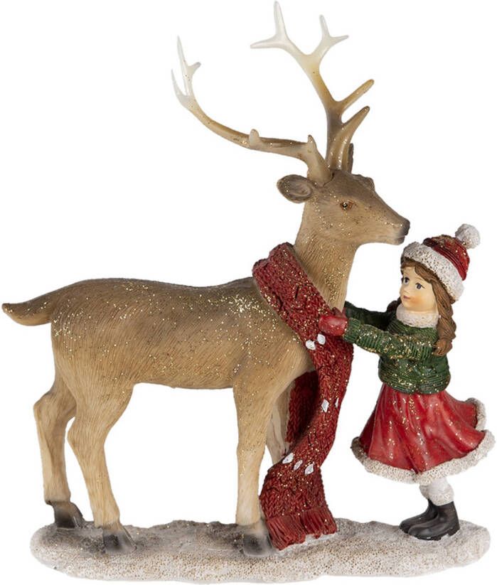 Clayre & Eef Kerstdecoratie Beeld Rendier 18*8*21 cm Bruin Rood Kunststof Decoratief Figuur Decoratieve Accessoires