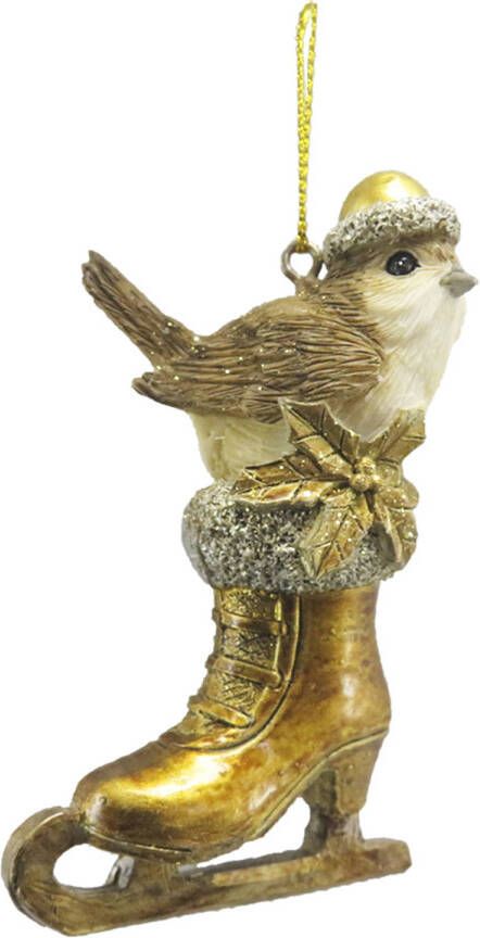 Clayre & Eef Kersthanger Vogel 8 Cm Goudkleurig Kunststof Kerstbal Kersversiering Kerstboomversiering Goudkleurig