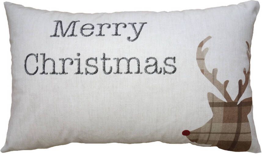 Clayre & Eef Kussenhoes 30x50 cm Beige Bruin Polyester Hert Merry Christmas Sierkussenhoes Beige Sierkussenhoes