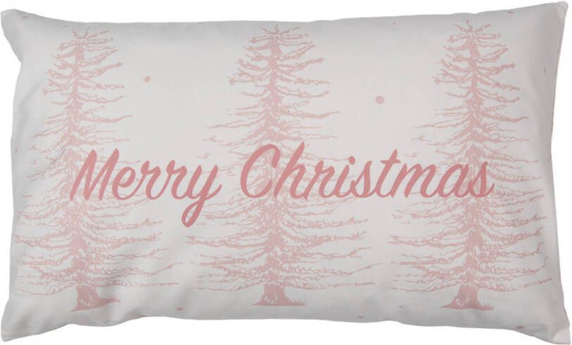 Clayre & Eef Kussenhoes 30x50 cm Roze Wit Polyester Rechthoek Kerstbomen Merry Christmas Sierkussenhoes Roze