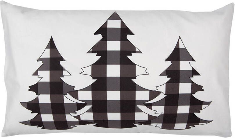 Clayre & Eef Kussenhoes 30x50 cm Wit Zwart Polyester Kerstbomen Sierkussenhoes Wit Sierkussenhoes