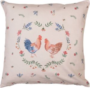 Clayre & Eef Kussenhoes 40x40 Cm Beige Blauw Katoen Vierkant Kip En Haan Sierkussenhoes Kussen Hoes Beige