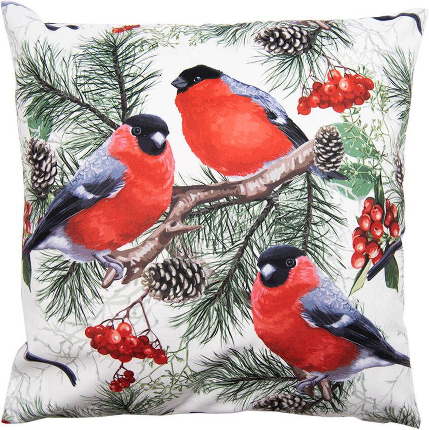 Clayre & Eef Kussenhoes 45x45 cm Wit Rood Polyester Vogels Sierkussenhoes Wit Sierkussenhoes