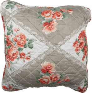 Clayre & Eef Kussenhoes 50x50 cm Grijs Roze Katoen Polyester Bloemen Sierkussenhoes Grijs Sierkussenhoes